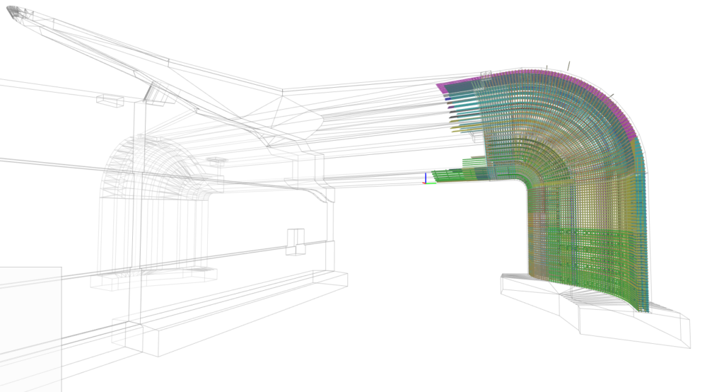 Technische Zeichnung eines BIM-Modells mit farbigen Linien und Strukturen, die eine komplexe Architektur darstellen.