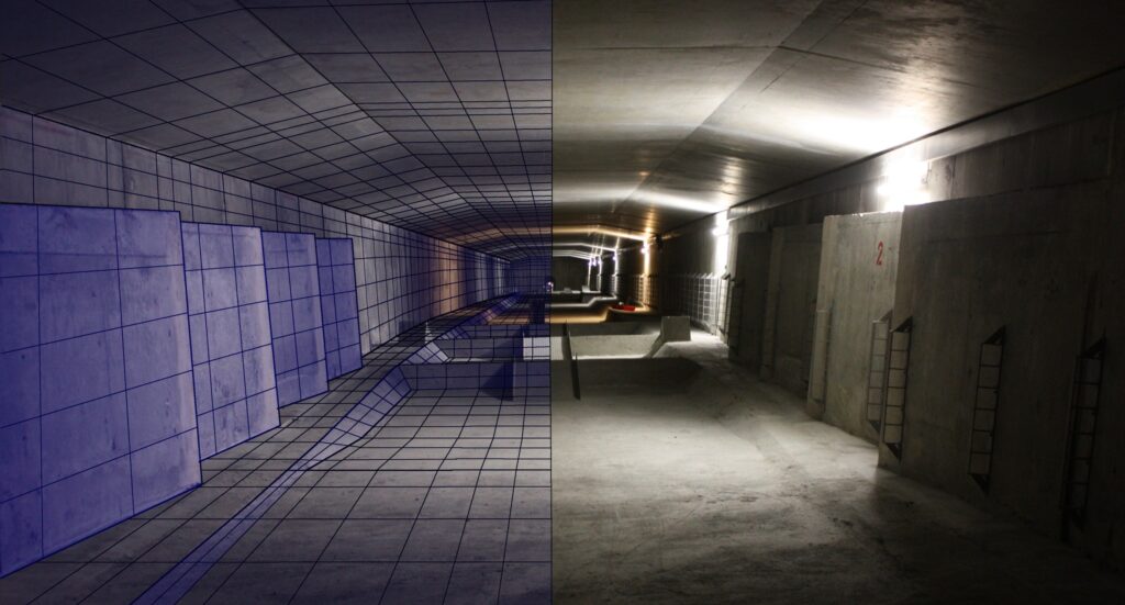 Visualisierung eines Tunnelbereichs mit einer grafischen Darstellung der Struktur und Beleuchtung.