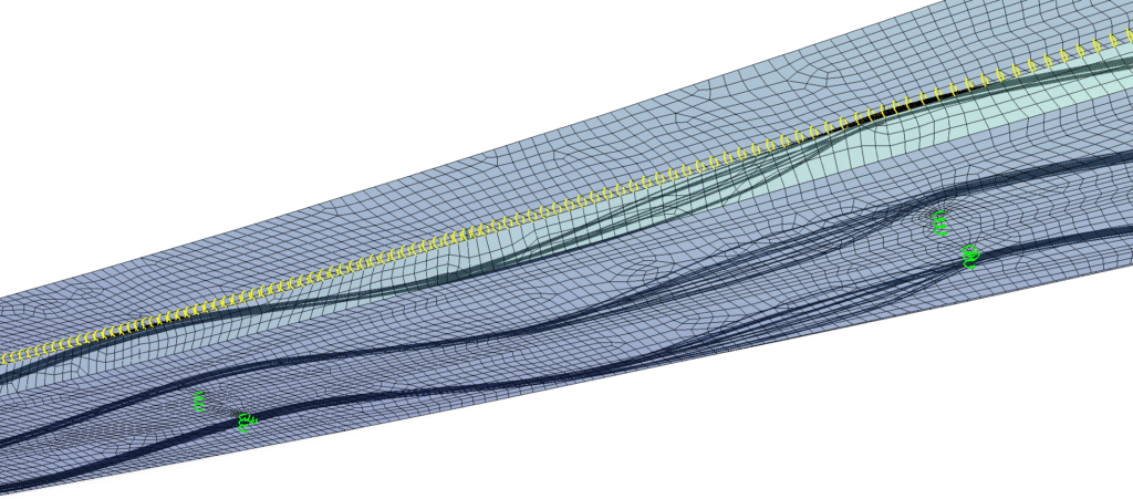 3D-Modell eines technischen Netzwerks mit detaillierter Gitterstruktur und Flusslinien.