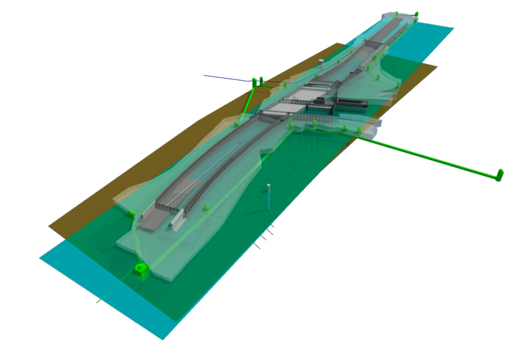3D-Modell einer Infrastruktur mit Gleisen und Gebäuden, dargestellt in verschiedenen Farben und Ebenen.